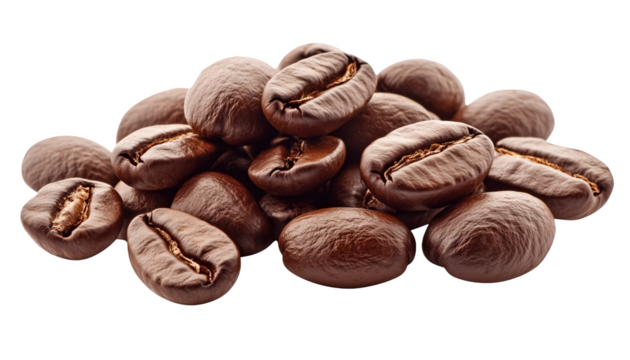 A delightful pile of rich, roasted coffee beans isolated on a crisp white background