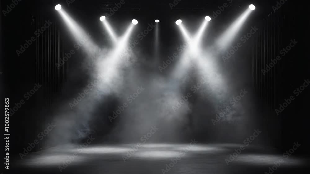 Poster dramatic stage lighting with fog effects creating an atmospheric backdrop for performance
