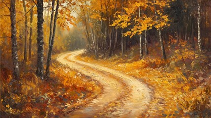 Obraz premium A winding path through a vibrant autumn forest, adorned with golden leaves and dappled sunlight, inviting a tranquil journey in nature’s embrace.