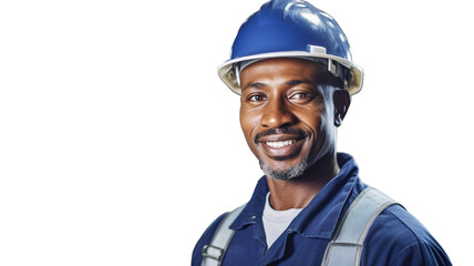 Fototapeta premium Smiling factory worker wearing a safety helmet isolated on transparent background PNG. 