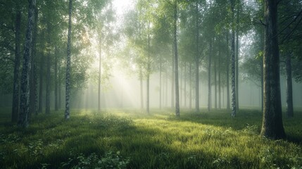 Obraz premium A peaceful morning in a foggy forest, with soft sunlight barely breaking through the thick canopy