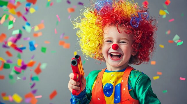 Joyful child clown with a colorful wig and confetti on a gray background.