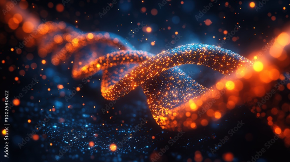 Aufkleber dna helix composed of glowing particles, set against a dark background with bokeh light effects
