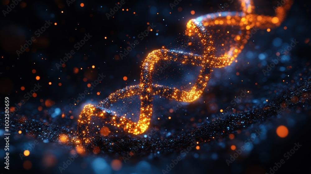 Poster dna helix composed of glowing particles, set against a dark background with bokeh light effects