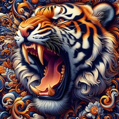 A roaring tiger in a detailed, abstract style with swirling patterns, showcasing its raw power and beauty.