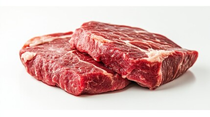 Fototapeta premium Fresh horse meat steak displayed on a clean white background, showcasing its rich color and texture, ideal for gourmet meal preparation or culinary visuals.