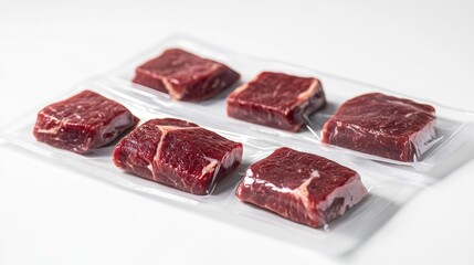 Fototapeta premium Horse meat cuts sealed in vacuum packaging, placed on a white background, emphasizing product freshness and quality for retail or culinary visuals.