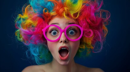 Woman with colorful wig and pink glasses showing surprise on a dark blue background.