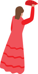 Woman in red dress holding fan dancing traditional spanish dance
