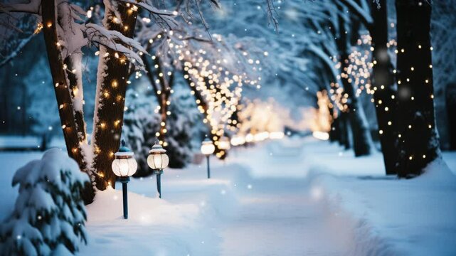 Video of a winterly scene. Park at a christmas evening