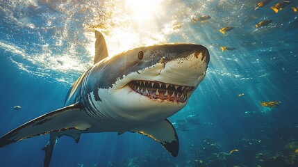 Fototapeta premium an unforgettable shark encounter in the ocean, diving with powerful predators, exploring marine wildlife in their natural habitat, an exhilarating aquatic adventure with sharks up close