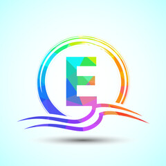 Initial letter E with water ocean waves and the sun. Beach logo design concept
