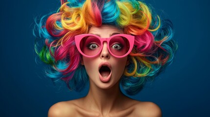 Woman with colorful wig and pink glasses showing surprise on a dark blue background.