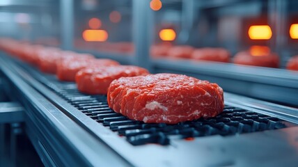 AI-powered sensors monitoring meat processing in a clean, automated plant, ensuring safety and quality, food processing, AI in food technology