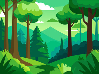 Fototapeta premium A green forest with trees and a mountain in the background. The trees are tall and lush, and the sky is clear with several clouds. Scene is peaceful and serene, with the natural beauty of the forest
