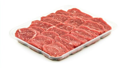 Fototapeta premium Pre-packaged horse meat slices arranged in a plastic tray, displayed on a clean white background, perfect for retail or gourmet meal preparations.