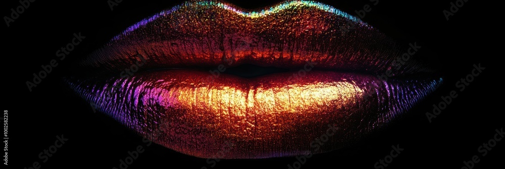 Poster Close-up of vibrant glossy lips showcasing a shiny finish against a dark background, highlighting color and texture features. Generative AI