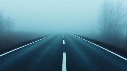 A tranquil road disappearing into dense fog, evoking a sense of mystery and solitude in a serene landscape.