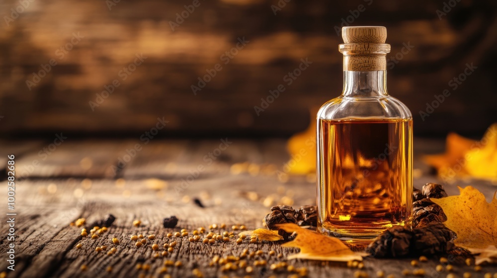 Poster A close-up view of a whiskey bottle on a rustic wooden table surrounded by autumn leaves and spices in warm evening light. Generative AI