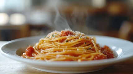 traditional spaghetti pasta dish with fresh tomato sauce on a cozy kitchen table, delicious homemade italian meal perfect for lunch or dinner, comfort food made with love and simple ingredients