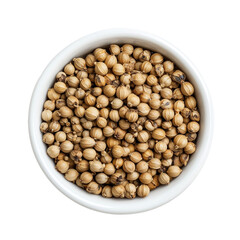 Coriander seeds in white bowl isolated on transparent or white background 