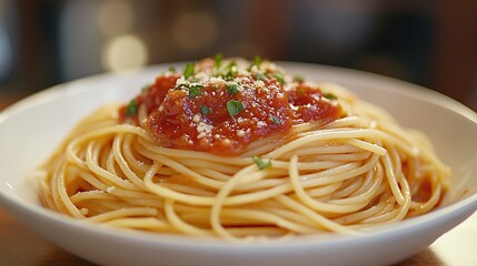 traditional spaghetti pasta dish with fresh tomato sauce on a cozy kitchen table, delicious homemade italian meal perfect for lunch or dinner, comfort food made with love and simple ingredients