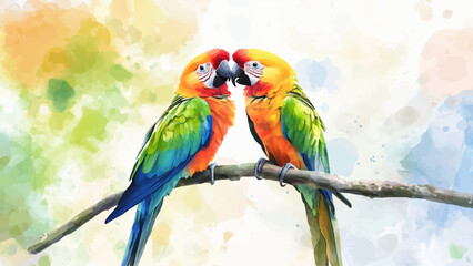 Obraz premium Two Parrots Sitting On A Branch Horizontal Orientation Watercolor Illustration Featuring Vibrant Colors Delicate Brushstrokes And A Naturalistic Yet Artistic Style