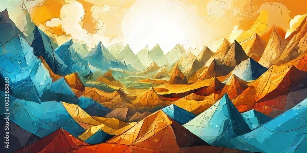 Poster a mountain range with a blue sky in the background