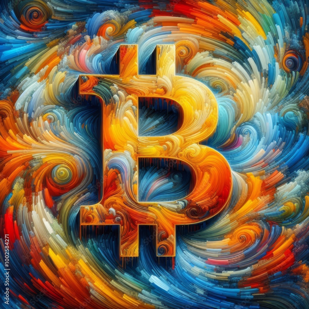 Poster abstract illustration featuring a vibrant and colorful bitcoin symbol amidst dynamic swirling patter
