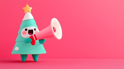 kawaii 3d christmas tree holding a megaphone on a red solid color background with copy space