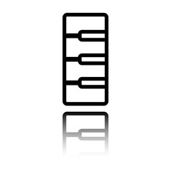 Piano musical simple icon. Flat design. Black icon with mirror reflection. White background