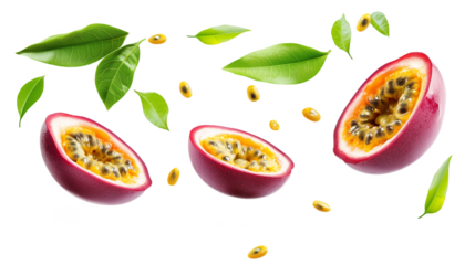 Passion Fruit with half slice and seed falling in the air with leaves isolated on transparent or white background