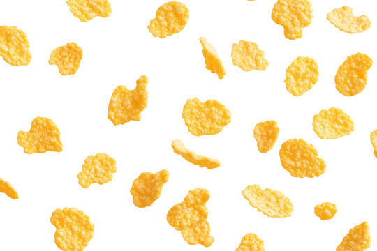A whimsical display of yellow cornflakes floating playfully against a bright background