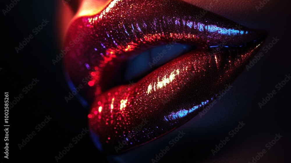 Leinwandbilder close-up view of vibrant glossy lips shining with a brilliant finish showcased against a dark backdr