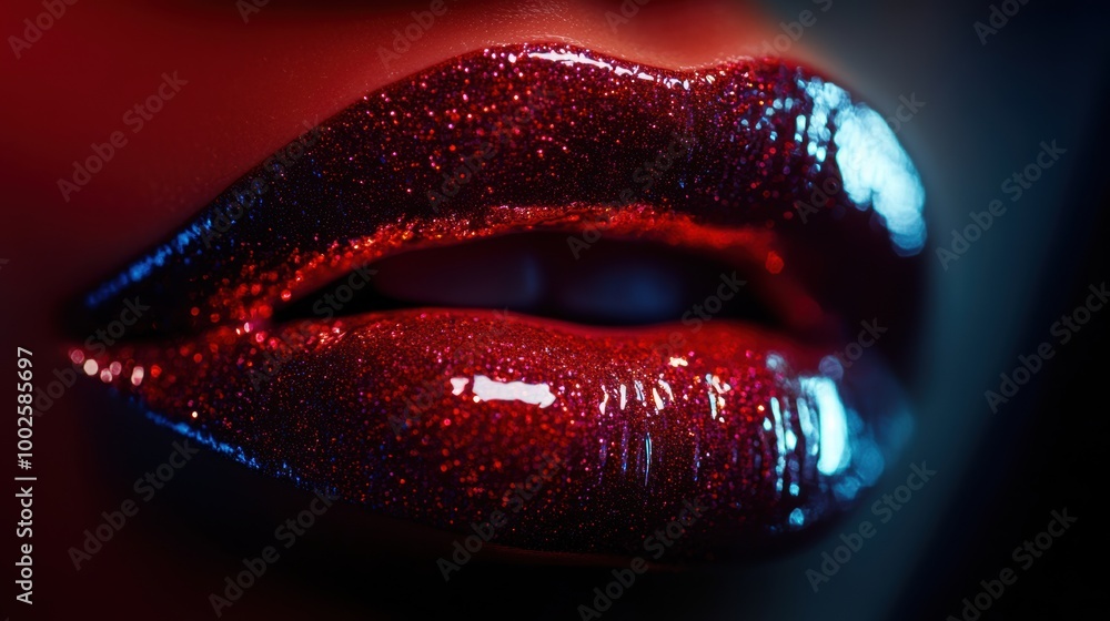 Poster Glossy lips illuminated by vibrant light create a stunning visual effect, showcasing shine and allure in a close-up view. Generative AI