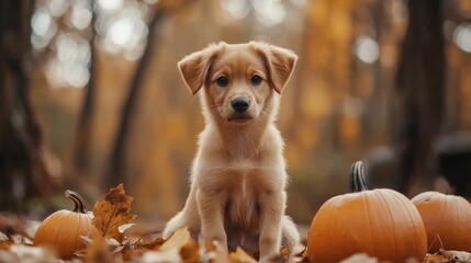 Puppy with Halloween pumpkins in an autumn woodland