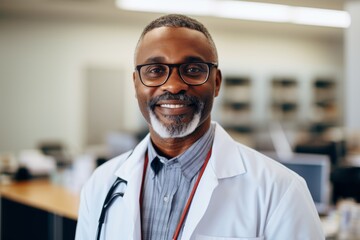 Obraz premium Portrait of a middle aged African American male doctor in hospital office