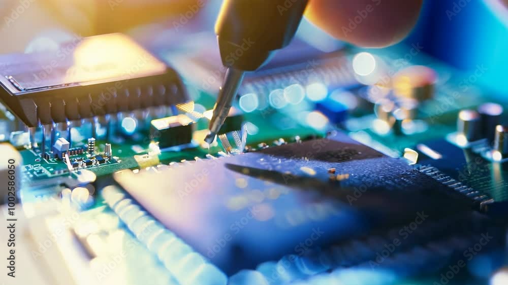 Poster close-up of an engineer soldering a circuit board on an electronic microchip