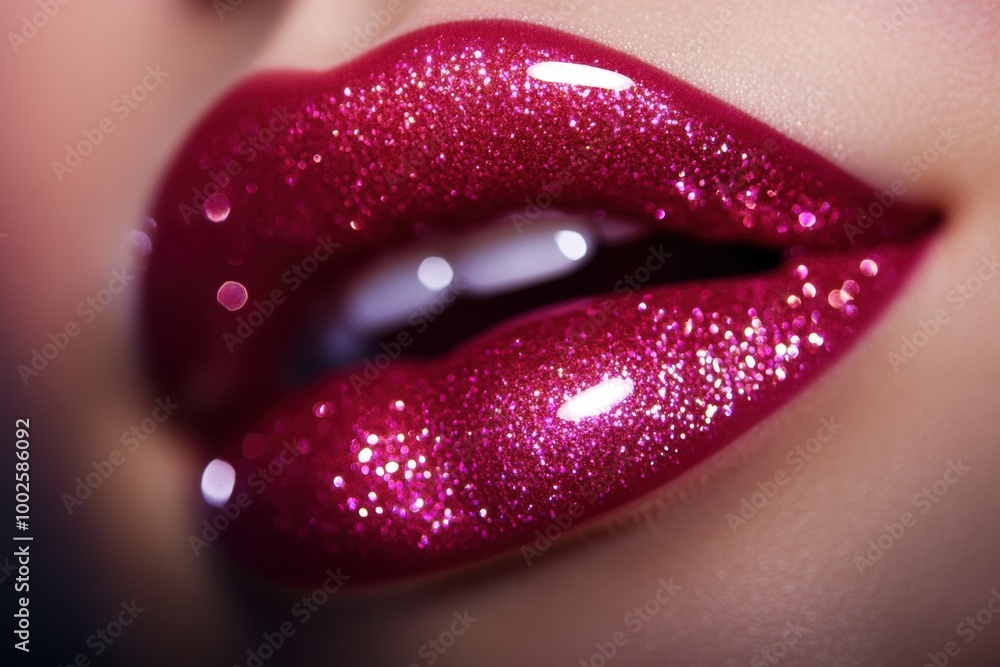 Poster close-up of glossy lips showcasing a vibrant, shiny finish with sparkling elements during a beauty p