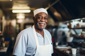 Fototapeta premium Smiling portrait of a senior male chef in professional kitchen