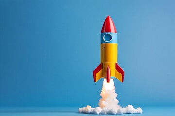 Launching rocket toy isolated on blue background with space. A symbol of business growth, startup success, and innovation, representing rising potential, future opportunities, and ambitious ventures.