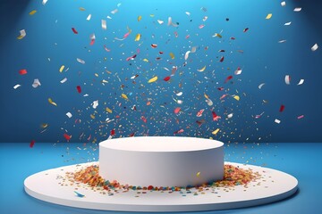 Empty round podium with falling confetti, isolated on blue background. A blank platform stage for showcasing success, achievements, and awards, perfect for mockup designs, celebrations.