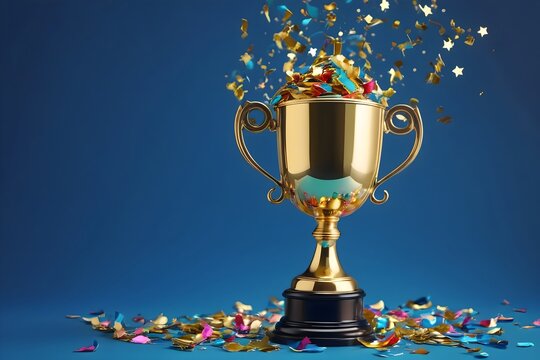 Gold trophy cup with falling confetti on blue background with empty space. A shiny golden award symbolizing victory, success, and achievement, perfect for celebrating champions, sports, or events.