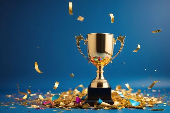 Gold trophy cup with falling confetti on blue background. A shiny golden award symbolizing victory, success, and achievement, perfect for celebrating champions in competitions, sports, or events.