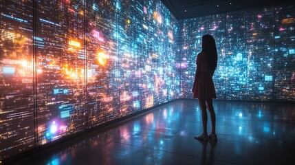 young woman gazing at a futuristic display of glowing data and digital screens in a gallery, questioning the nature of reality, surrounded by the latest in technology, cyber art, and virtual explorati