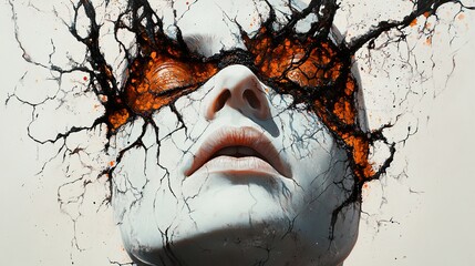 Abstract Face with Cracks and Orange Eyes: A Surrealist Digital Art