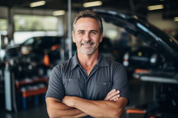 Obraz premium Smiling portrait of a middle aged Caucasian car mechanic in workshop