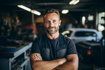 Obraz premium Smiling portrait of a middle aged Caucasian car mechanic in workshop
