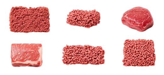 Exploring the diverse shapes and cuts of fresh ground meat on a clean white surface