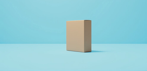 A simple beige cardboard box standing upright against a bright light blue background, showcasing minimalistic packaging design...
